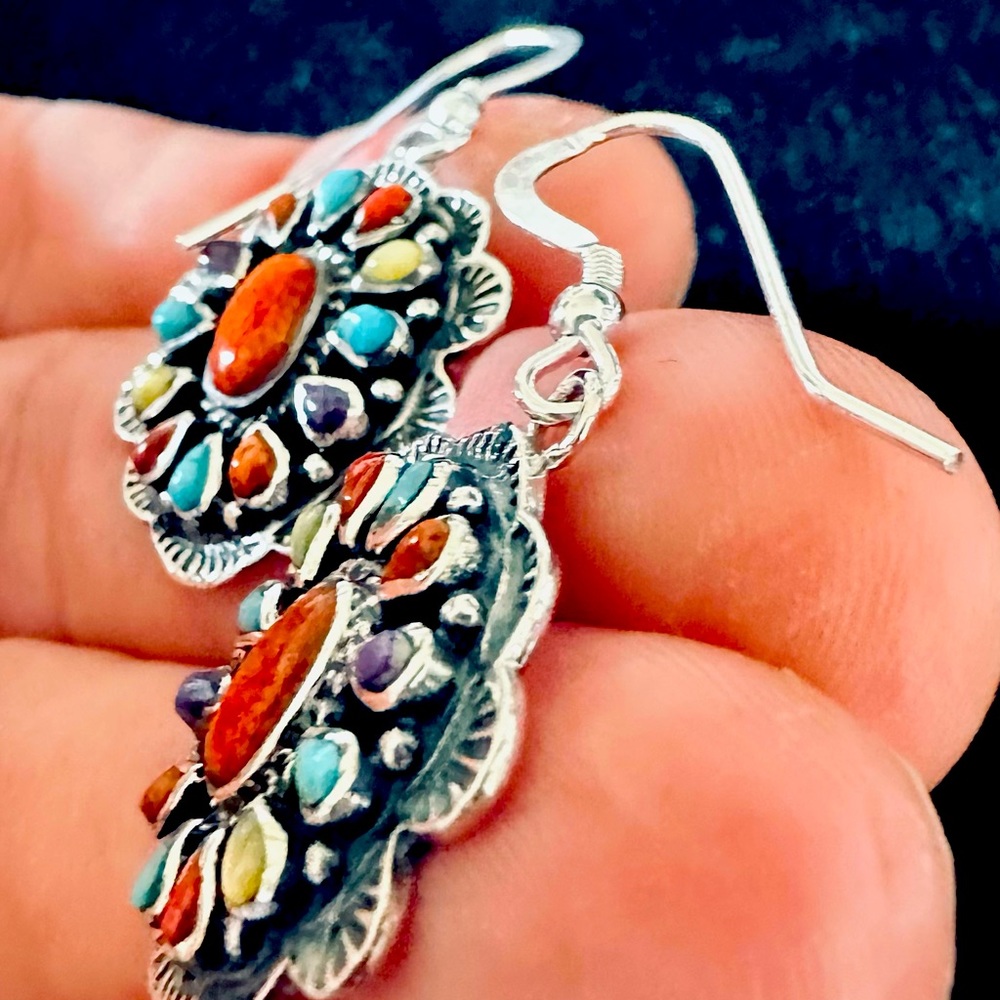 Genuine Multicolored Turquoise Gemstones Earrings in 925 Sterling Silver NWT - Picture 8 of 11